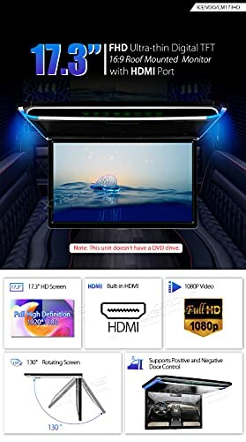 17.3-inch FHD roof-mounted monitor with HDMI port featuring 130-degree rotation and remote control support