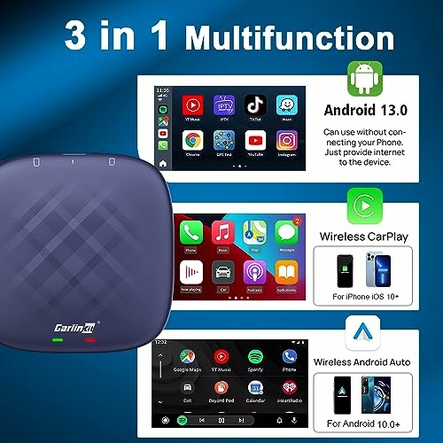 3 in 1 multifunction device with Android 13.0, Wireless CarPlay, and Wireless Android Auto.