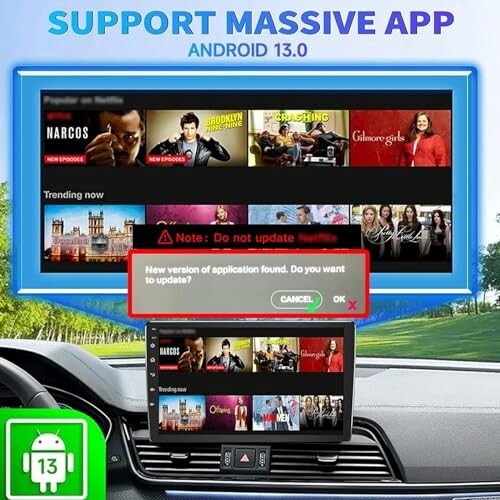 Car dashboard displaying Android 13 app update notification with streaming service interface.