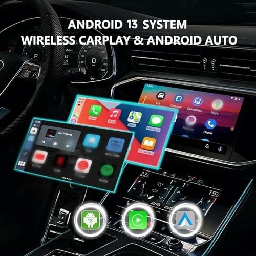 Car dashboard featuring Android 13 system with wireless CarPlay and Android Auto