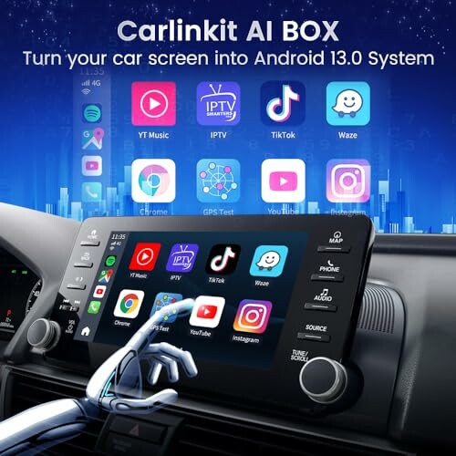 Car dashboard screen displaying Android 13 system with apps.