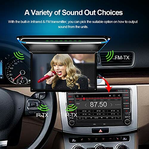 Car audio system with screen showing a singer and options for sound output.