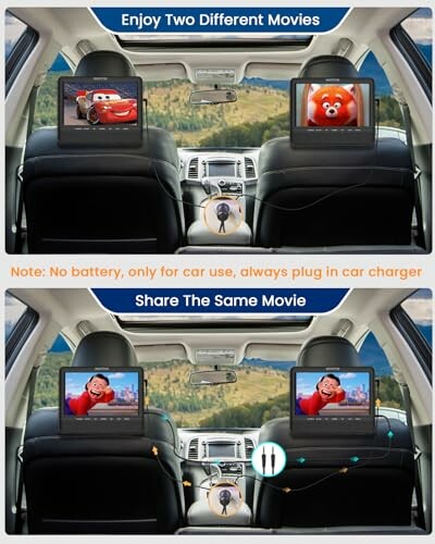 Car interior with dual screen DVD players showing different movies.