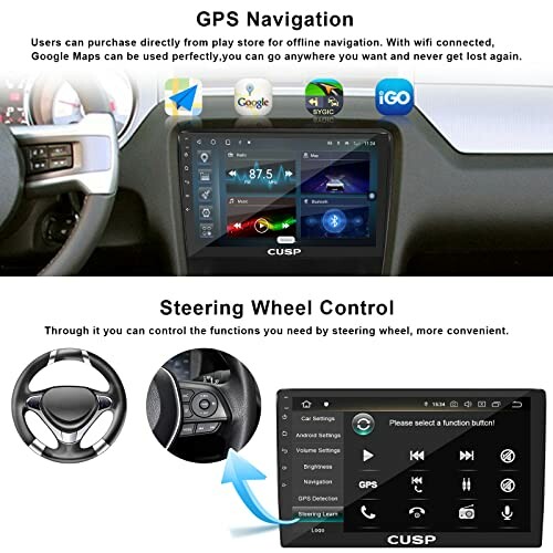 Car GPS navigation system with steering wheel control features.