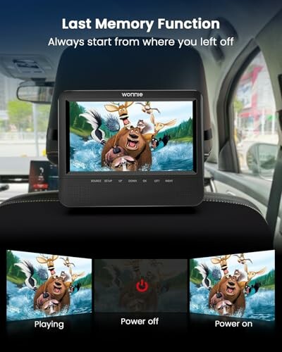 Car headrest DVD player with screen showing animated movie and last memory function.