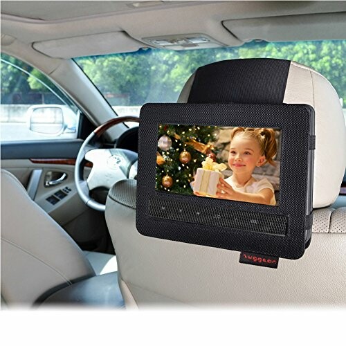 Tablet holder attached to car headrest displaying a child with a gift.