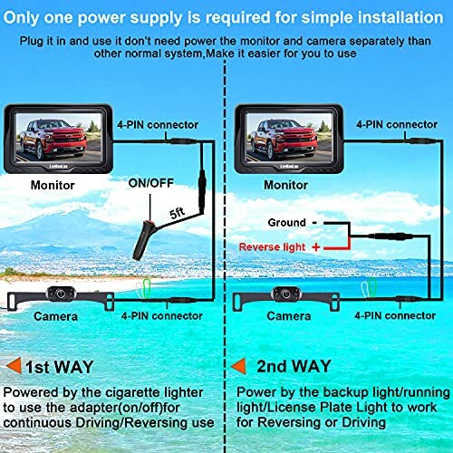 Diagram showing installation of a car reverse camera with two connection methods