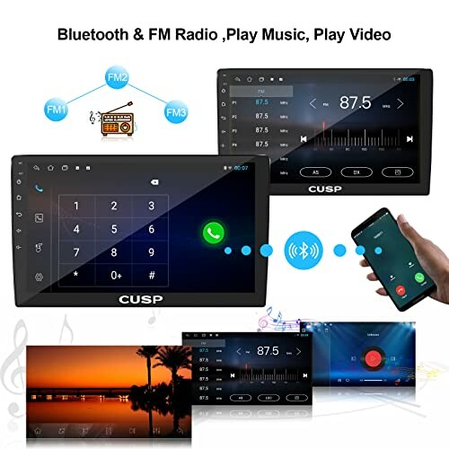 Car stereo with Bluetooth and FM radio features, showing interface and smartphone connectivity.