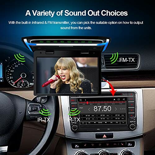 Car stereo with sound output choices including FM and IR transmitter.