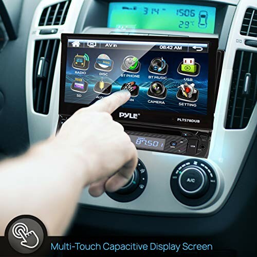 Person using car stereo touchscreen displaying various apps.