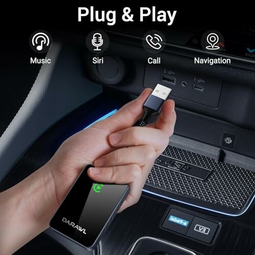 Hand holding a USB adapter in a car for music, Siri, call, navigation.