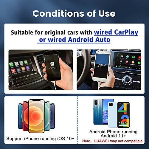 Compatibility for wired CarPlay and Android Auto with iPhone and Android phones.