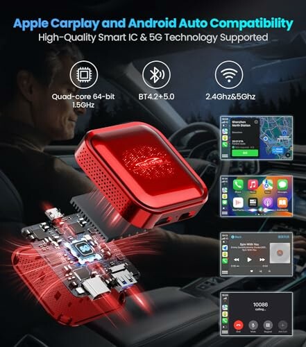 Apple Carplay and Android Auto device with features like quad-core processor, Bluetooth 5.0, and dual-band WiFi.