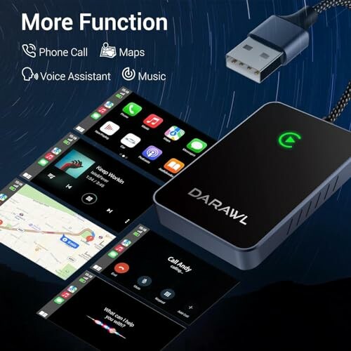 DARAWL multifunction device with USB, phone call, maps, voice assistant, and music features.