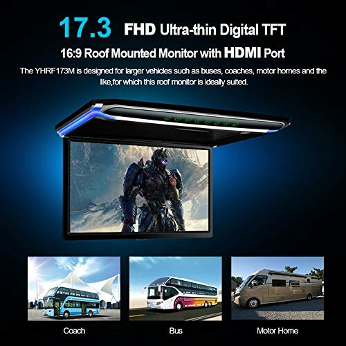 Ultra-thin digital TFT roof mounted monitor with HDMI port, suitable for vehicles like buses and motorhomes.