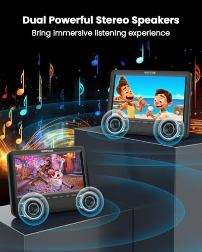 Dual stereo speakers with screens displaying animated content.