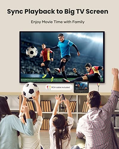 Family watches soccer on big TV screen with RCA cable included.