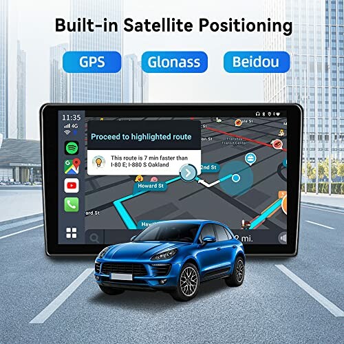 GPS navigation device with satellite positioning options and a car image.