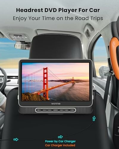 Car headrest DVD player displaying a bridge on screen