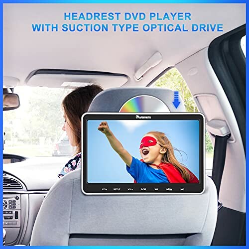 Car headrest with DVD player screen showing child superhero image.