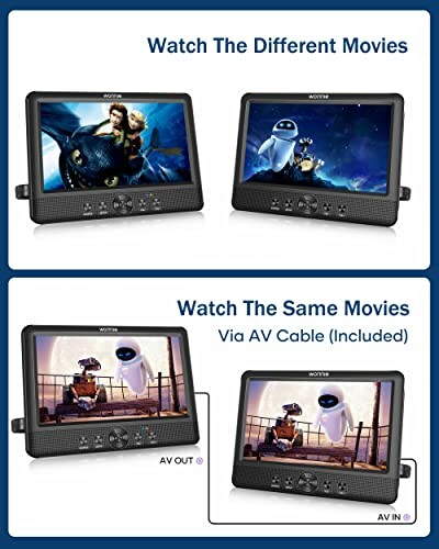 Dual-screen portable DVD player showing different movie options and AV cable connection.