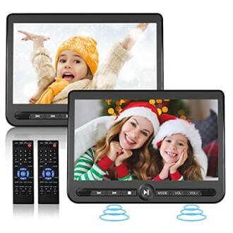 Dual screen portable DVD player with remote controls, showing children in holiday attire.