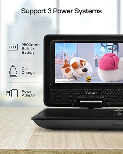 Portable DVD player with three power systems: built-in battery, car charger, and power adapter.