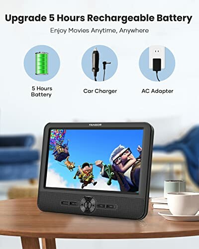 Portable DVD player with rechargeable battery, car charger, and AC adapter.