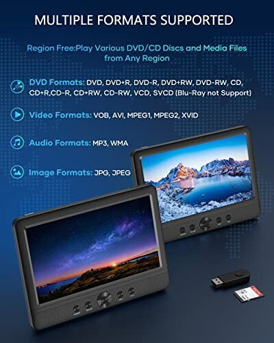 Portable DVD player showing supported DVD, video, audio, and image formats.