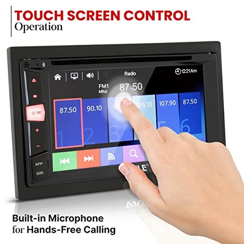 Hand using touch screen control on car stereo with built-in microphone for hands-free calling.