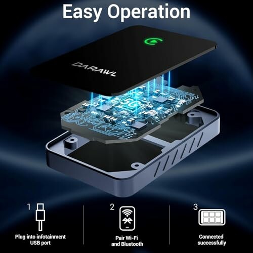 Wireless car adapter illustration showing easy operation in three steps.