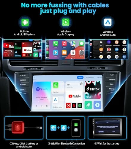 Wireless CarPlay and Android Auto system with built-in Android 11, showing app interfaces and connection options.